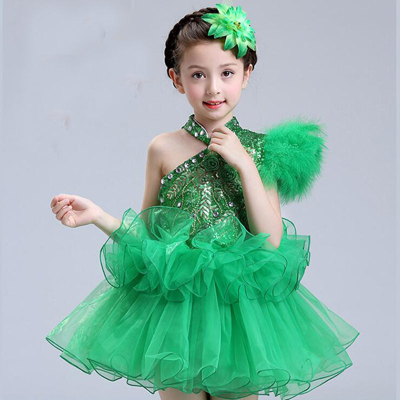 Kids Concert Clothing Sequined Dancing Clothes Off Shoulder Dress Girls Jazz Dance Costume Stage Wear Toddler Princess Dress