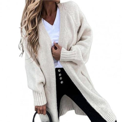 Simple Casual Mid-Length Knitted Sweater Coat Soft Loose Cardigan Open Front  for Home