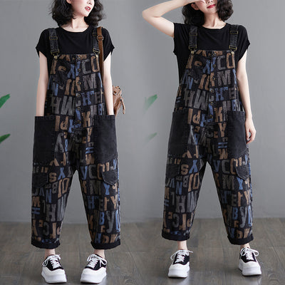 Aricaca M-2XL Jeans Jumpsuits Women Wide Leg Printed Dungarees Straps Pants Denim Overalls