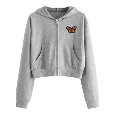 Women Embroidery Butterfly Crop Sweatshirt Long Sleeve Zipper With Pocket Lady Harajuku Hooded Streetwear Female Pullover Tops