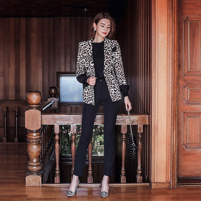 Autumn Winter Women Fashion Coats 2022 Leopard Full Sleeve Jacket Notched Suit Vintage Work Coat Office Party Blazer Coats