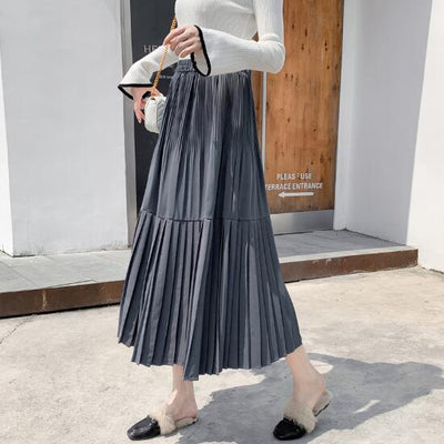 Elegant Black Gray Long Skirts For Ladies Vintage High Elastic Waist Maxi Skirt Women A-line Saia Retro Patchwork Pleated Skirt