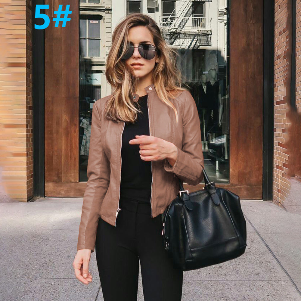 Women&#39;s Casual Zipper Autumn Leather Jacket Fashion Long Sleeve O-neck Solid Color Women&#39;s Jacket 2021 Black Slim Fit Pu Coat
