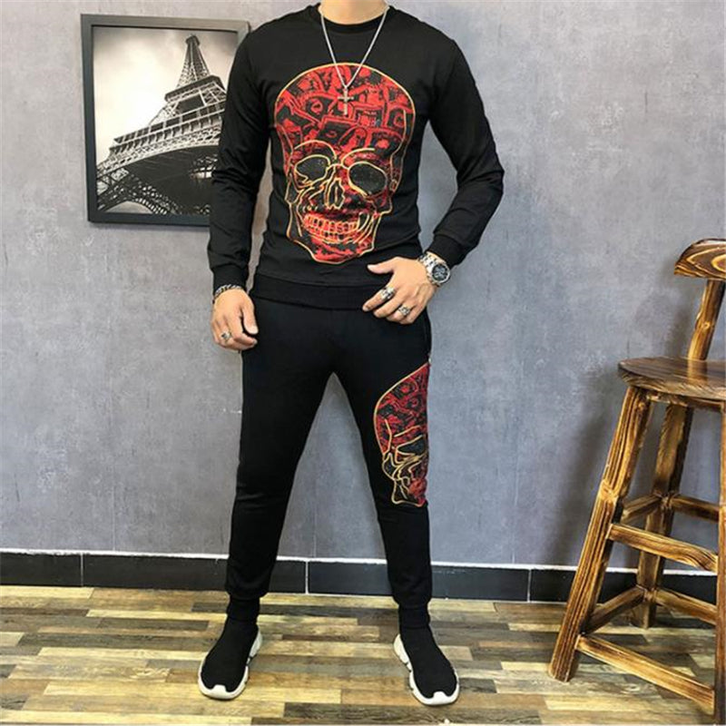 New Two Pieces Set Fashion Drilling Hot Hoodies MenBrand Clothes +Pants Casual Slim Sportswea