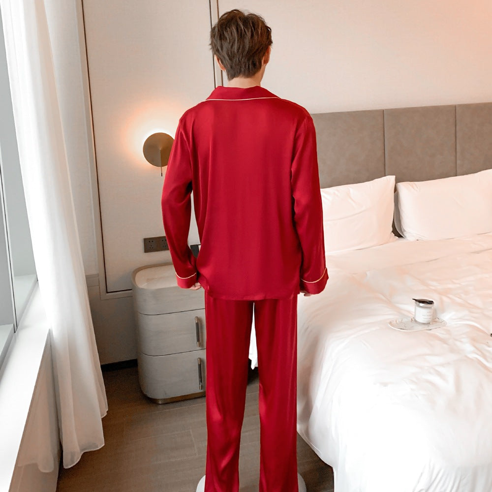 Men&#39;s Full Sleeve Satin Sleepwear Loose 2PCS Pajamas Suit Full Sleeve Pant Intimate Home Wear Wedding Nightwear Casual Pyjamas