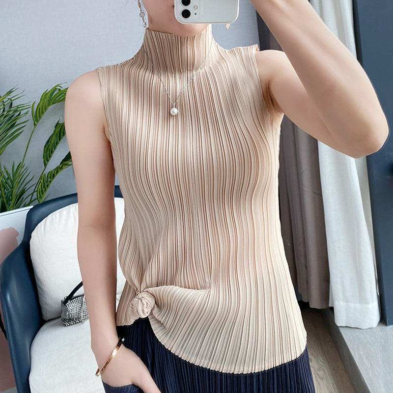 Miyake designer women&#39;s clothing pleated summer new slim slimming sleeveless high-neck temperament base vest top