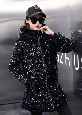 Full Sequins Parka Woman 2022 Winter Coat Thick Hooded Parka Streetwear Wide-waisted Solid Zippers Pockets Warm Jacket Parkas