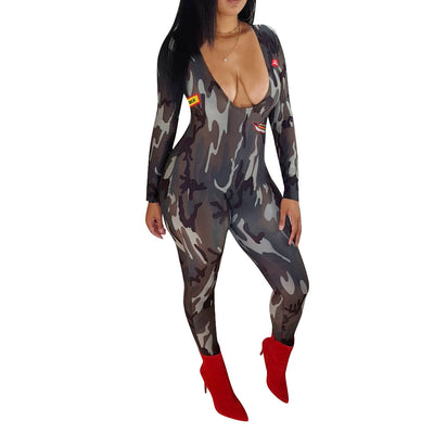 AHVIT Camouflage Mouth Printed Casual Sexy Women Playsuits Long Sleeve Skinny Nightclub Romper 5242