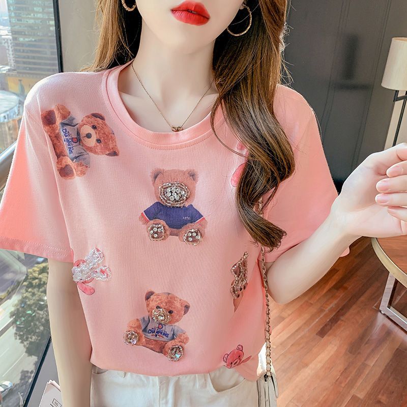 Summer Pink Cute Bear Print T Shirt Women Tops Loose Casual O Neck Diamond Beaded White Tshirt Short Sleeve Tee Shirt Femme 2022