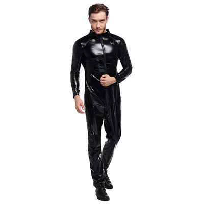 Men's Sexy Patent Leather Biker Jacket Tight Jumpsuit Black Plus Size S-XXXL Carnival Deguisement Halloween Cosplay Costumes