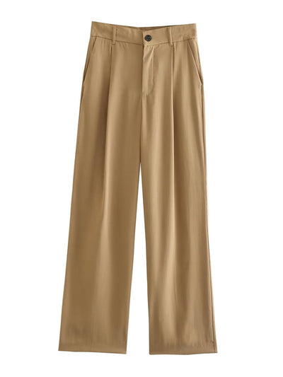 KYPTKA Women Fashion Front Darts With Side Pockets Straight Pants Vintage High Waist Zipper  Female Trousers Mujer