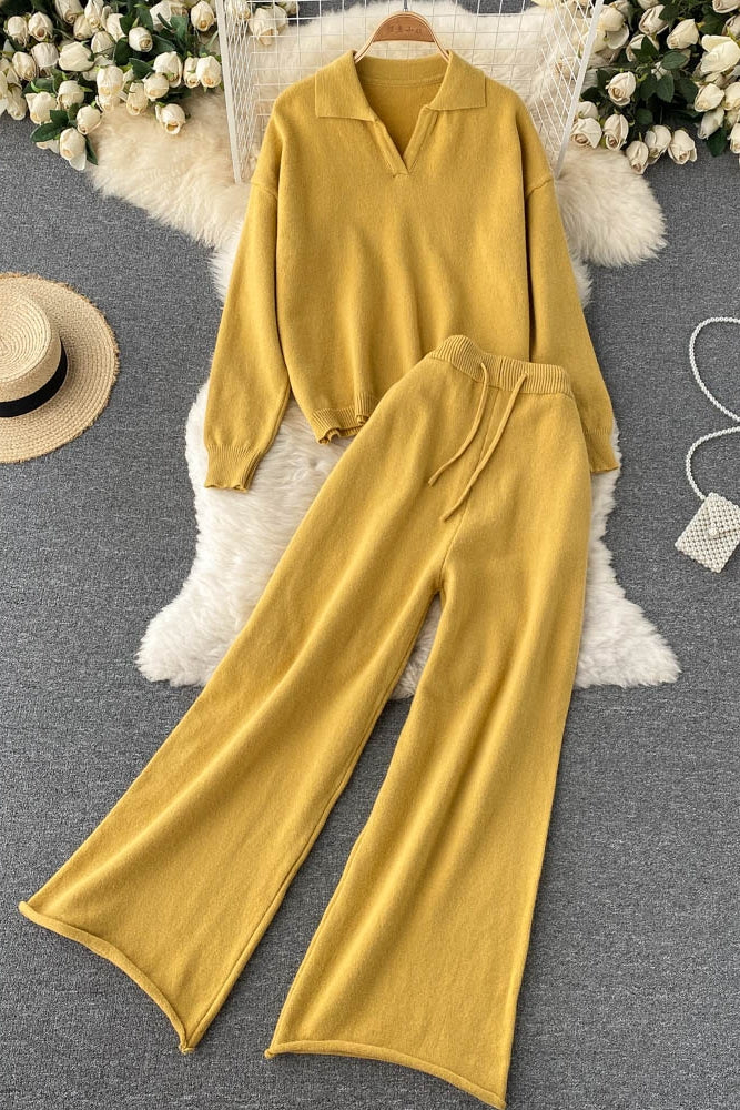 Autumn And Winter Sweater Trousers Suit Retro V-neck Pullover Sweater + High-Waist Wide-Leg Trousers Fashion Two-Piece Female