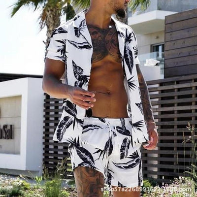 Summer Men's Printed Casual Short Sleeve Beach Shirt Set