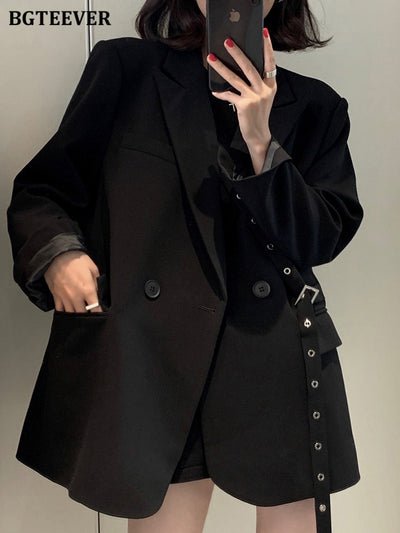 BGTEEVER Spring Autumn Double Breasted Women Blazer Long Sleeve Loose Belted Female Suit Jackets Ladies Outwear
