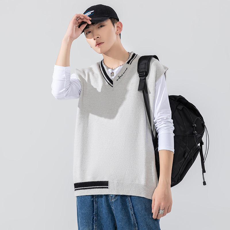 2022 autumn new loose V-neck sweater vest Japanese fashion all-match color sleeveless vest sweater men