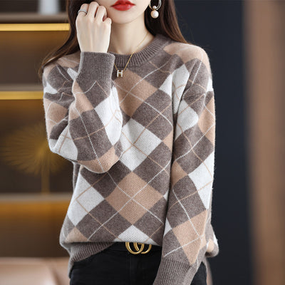 Pure Wool Cashmere Sweater Women Crew Neck Pullover Casual Fashion Retro Colorblock Top Autumn Winter Large Size Sweater