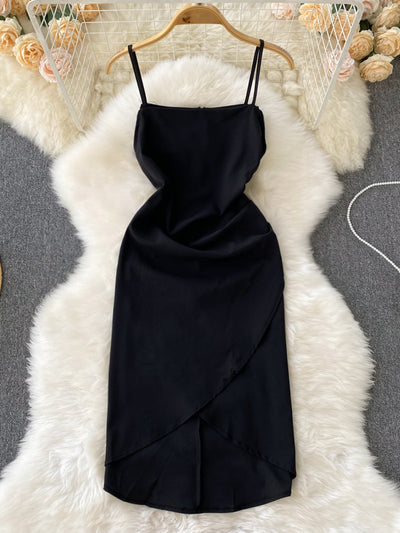 Foamlina Sexy Black Party Dress Women Elegant Summer Spaghetti Strap Sleeveless Backless Folded Cross Split Mini Club Vestidos