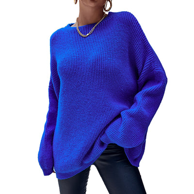 NOOSGOP Solid Bright Royal Blue Long Sleeves O Neck Loose Fitting Knit Stitching Autumn Winter 2022 Women Pullover Sweater