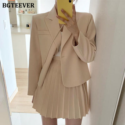 BGTEEVER Casual Chic Women Skirt Suits Notched Collar Single Button Suit Jacket & Pleated Mini Skirts Summer 2 Pieces Blazer Set