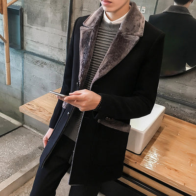 Men's Windbreaker Jacket 2022 Business Casual Warm Wool Plus Velvet Warm Standing Collar Mid-length Winter Men's Wool Jacket
