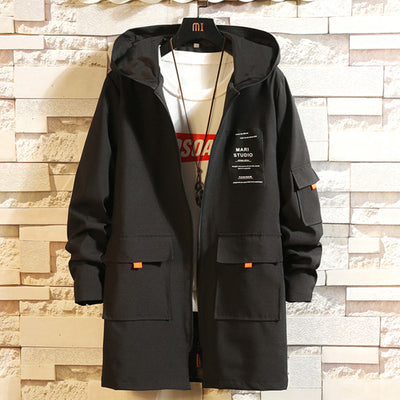 Men's fashion plus fat plus size fat hooded long windbreaker spring/autumn Korean version casual thin trench coat windbreaker