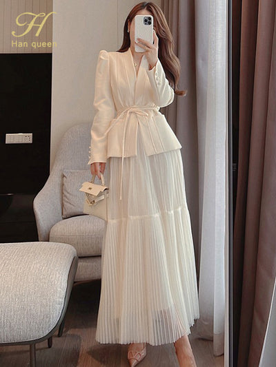 H Han Queen Autumn New Skirt Suit Women Elegant Korean Lace-Up Fashion Blazer + Long Mesh Skirt Casual Evening Party 2-Piece Set