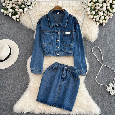 Denim Suit Women 2022 Autumn Retro Hong Kong Style Short Coat High Waist A-line Skirt Short Skirt Fashion 2-piece Set Tide