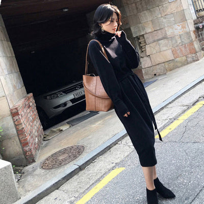 Sweater Long Dress With Sashes Women Knitted Turtleneck Dress Autumn Winter Warm Knit Female Dress Loose Midi Vestidos Dresses