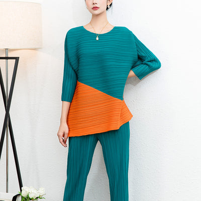 Pleated T shirt spring and summer new women's Korean temperament round collar long sleeve T shirt