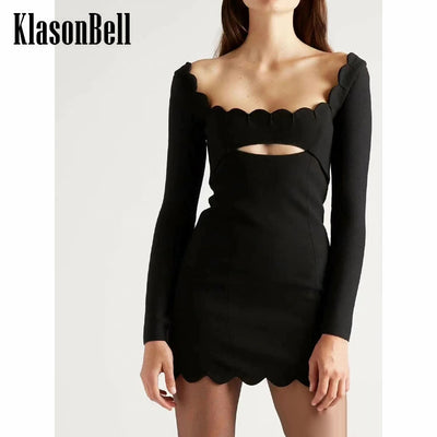 4.18 KlasonBell Hollow Out Wave-Cut Square Collar Long Sleeve Sexy Slim Short Black Dress Women