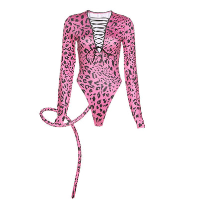 Women Sexy Leopard Costume Cosplay Bodysuit Lace Up Long Sleeve Roleplay Party Stage Nightclub Wear Hollow Out Bodycon Overalls