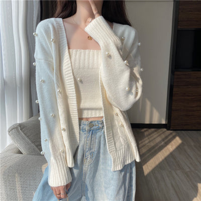 2 Piece Sets Tender Pearls Cardigans Women Sweaters Knitted Long Sleeve Jumpers Female Autumn Warm All-match Girlish Streetwear