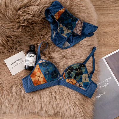 Thick bra and panty set retro plaid gathered bralette cotton women underwear haut femme sexy no steel ring B cup bralette suit