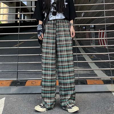 Harajuku Plaid Female pants fashion loose high waist plaid pants casual trousers jogger Harajuku sweatpants Straight women