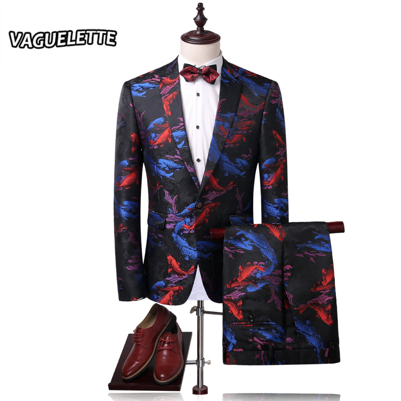 Stylish Printed Men Suit Slim Fit Koi Fish Pattern Chinese Style Stage Wear Vintage Mens Suits With Pants M-4XL (Blazer+Pants)