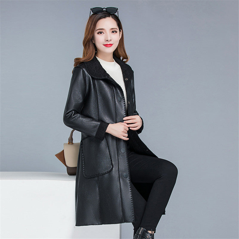 Winter warmth faux leather moto coat women black Brown tops PU jacket 2021 new lapel leisure fashion plus thick coat