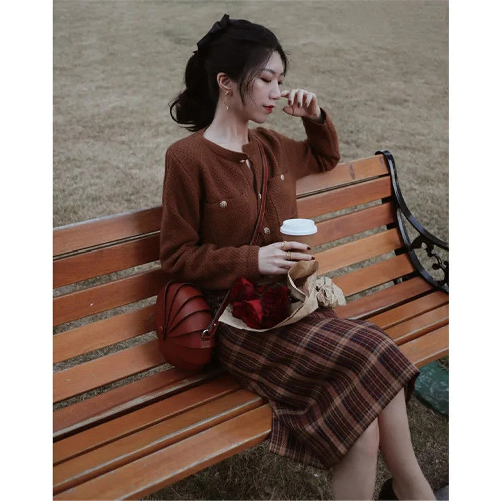 French Vintage 2pcs Set Brown Single-Breasted Cardigan Knitted Sweater +High Waist Plaid Split Hip Long Skirt Women Elegant Suit