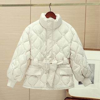 Black And Beige Exquisite Quilted Women's Winter Coats Female Padded Puffer Down Jacket With Belt