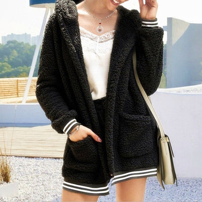 Hooded Thick Plush Coat For Women Pockets Solid Loose Casual Women's Jacket 2021 Autumn Winter New Ladies Warm Coats S-5XL