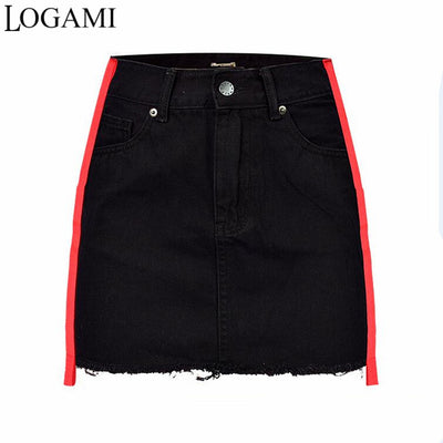 LOGAMI High Waist Denim Skirt High Waist A-Line Mini Skirts Womens Patchwork Spring Summer Sexy Skirt Black &amp; Red