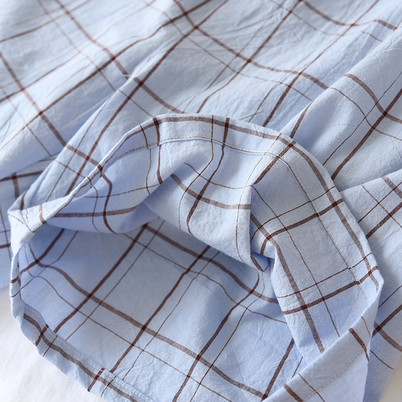 Summer Men Short-sleeved Shorts Pajamas Cotton Thin Plaid Plus-size Home Clothing 2 Piece Set Turn-down Collar Sleepwear 2021