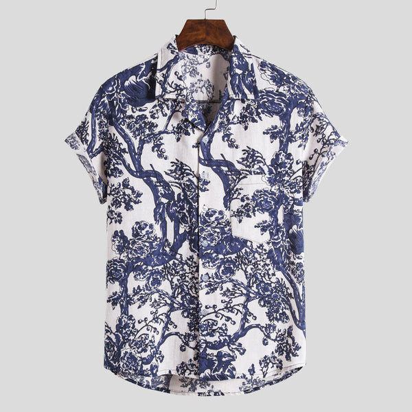 Pocket Blouse Cotton-linen Printing Casual Lapel Fashion Sleeve Mens Short Men Shirts Shirt Button