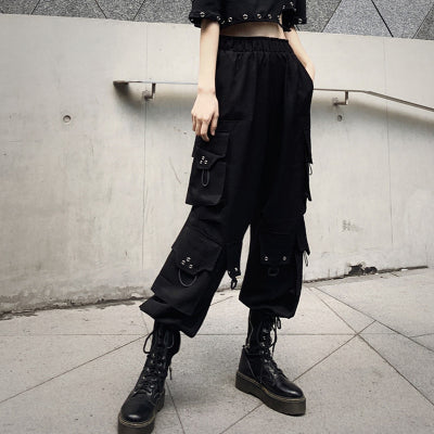 Spring Black Cargo Pants Women Solid Color Elastic Waist Slim Fashion Casual Punk Hip Hop Pocket Ladies Military Trousers B056