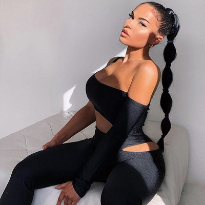 Women Sexy Hollow Out Fitness Jumpsuit One Shoulder Solid Elastic Activewear Slim Sporty Streetwear Rompers Outfits