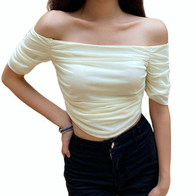 One-shoulder mesh pleated long-sleeved blouse women's y2k sexy and careful navel exposed T-shirt
