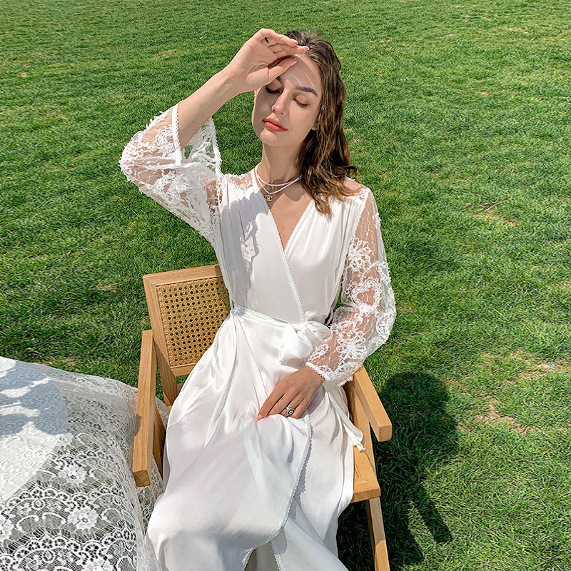 White Women Sexy Cardigan Kimono Robe Gown Hollow Out Lace Summer Bathrobe Bride Wedding Lingerie Nightdress Home Dress Clothes