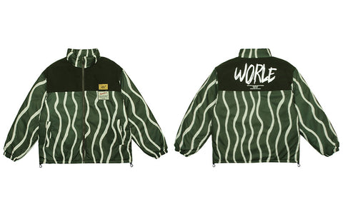 Stripe Print Winter Jacket Mens Splicing Vintage Green Thicken Down Parkas Fashion Street Loose Stand-up Collar Casual Outwear