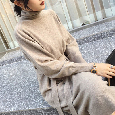 Sweater Long Dress With Sashes Women Knitted Turtleneck Dress Autumn Winter Warm Knit Female Dress Loose Midi Vestidos Dresses