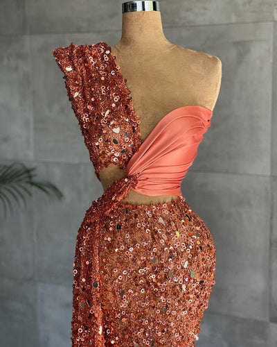 Mermaid One Shoulder Floor-Length Sequin Water Melon Celebrity Dresses With Crystal