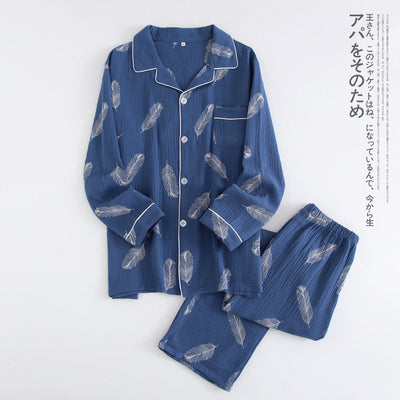Japanese Cotton Yarn Mens Pajamas Set Spring Autumn Home Suit Male Thin Long-Sleeved Cardigan Gauze Lapel Washed Crepe Homewear